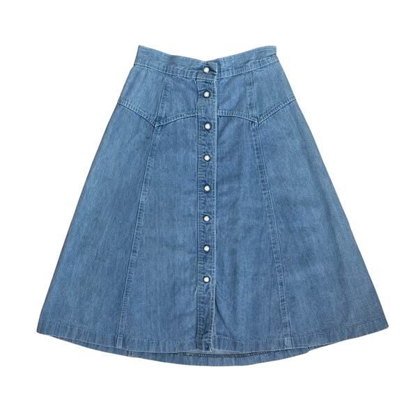 Vintage 80s H.I.S. Denim Pearl Snap Button Blue Jean Midi Skirt XS - Picture 1 of 5